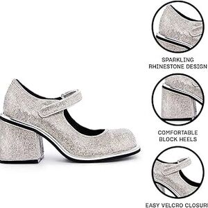 Dolls Kill Silver Rhinestone Mary Jane Block Heel Sandals with Velcro Strap